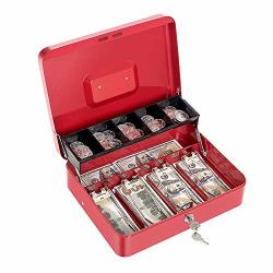 Cash Box With Money Tray And Key Lock Large Metal Money Safe Box With Cantilever Coin Tray & 4 Spring-loaded Clips 11.8 X 9.4 X 3.54 Inches Red