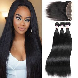 Ms Taj 7A Brazilian Straight Hair 3 Bundles With Lace Frontal Closure Ear To Ear 13X4" Free Part Bleached Knots Lace Frontal Unprocessed Virgin