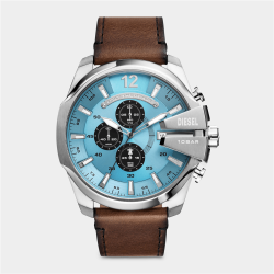 Diesel Mega Chief Blue Dial Brown Leather Chronograph Watch