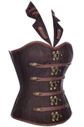 SATIN Brown Leather Steampunk Corset With Collar - As Shown XXL