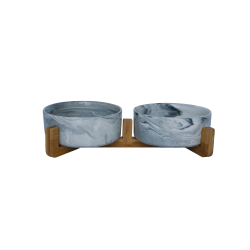 Raised Double Ceramic Bowl With Bamboo Stand - Marble - Dog Food Bowls - Medium