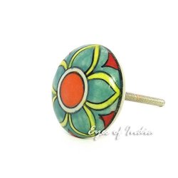 Eyes Of India - Set Of 2 Green Blue Red Ceramic Cabinet Door Cupboard Dresser Knobs Pulls Decorative Shabby Chic Colorful Boho Bohemian Accent Handmade