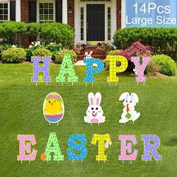 Partyprops 14PCS Easter Yard Signs Outdoor Lawn Decorations - Happy Easter Yard Signs With Stakes - Easter Outdoor Decorations - Funny Bunny And Egg