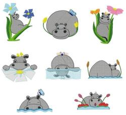 Machine Embroidery Design Set - Happy Hippo 8 In The Set
