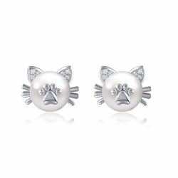 18K Gold Plated Sterling Silver Cat Stud Earrings White Freshwater Cultured Shell Pearl Cat Earrings For Women