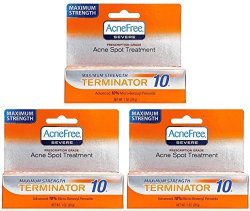 Acnefree Terminator 10 Acne Spot Treatment With Benzoyl Peroxide 10% Maximum Strength Acne Cream Treatment 1 Ounce 3-PACK