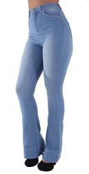 F2L7-7O003F - Women's Juniors Bell Bottom High Waist Bootcut Fitted Premium Flared Bootleg Jeans In Light Blue Size 0