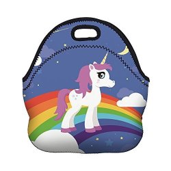 Violet Mist Neoprene Lunch Bag Tote Reusable Insulated Waterproof School Picnic Carrying Gourmet Lunchbox Container Organizer For Men Women Adults Kids Girls Boys Unicorn&rainbow