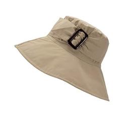 Flh Cute Bucket Rain Hat W buckle Accent 3.5 Inch Wide Brim Roll-up Packable Khaki
