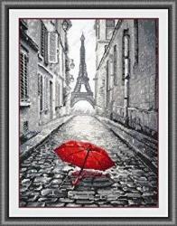Glory Gni Red Umbrella In Paris Rain Counted Cross Stitch Kit White Cloth