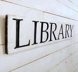 Library Sign 40"X8" Carved In Wood With Distressed Black & White Finish