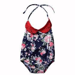 Newborn Toddler Girl Sleeveless Rompers Floral Printed Jumpsuit With Neck Strap For Best Fit Baby Navy Blue 0-6 Months
