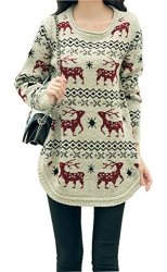 Shineflow Women's Reindeer Snowflake Midi Christmas Pullover Sweater Jumper Beige One Size