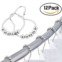 OSOPOLA Stainless Steel Shower Curtain Rings Glide Roller Rustproof Shower Curtain Hooks Polished Chrome for Bathroom Rods Curtains Set of 12 Pieces