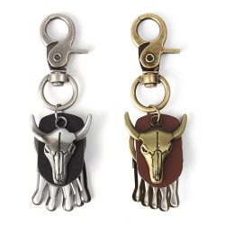 Bull Cow Ox Head Gothic Tribe Key Chain Leather Stainless Steel Pendant