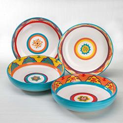 Euroceramica GAL-1001-5 Euro Ceramica Galicia Spanish-inspired Collection 4 Piece Pasta Bowl Set Microwave & Dishwasher Safe Vibrant & Assorted Assorted Colors Blue