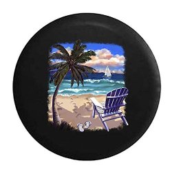 Pike Outdoors Blue Chair At The Beach Palm Trees Ocean Sand & Waves Tire Cover Black 32 In