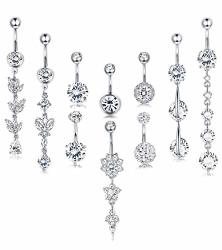 Finrezio 10PCS 14G Stainless Steel Dangle Belly Button Ring For Women Girls Navel Clear Cz Inlay Body Piercing Jewelry Barbell