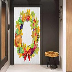 Automatic Door Sticker Harvest Healhy Dinner Ingredients Harvest Wreath With Red Bowknot Fresh Organic Options Easy-to-clean Durable W35.4 X H78.7 Multicolor