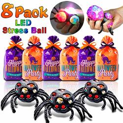 with 8 Trick or Treat Goodie Bags 8 Pack Spooky Glow Stress Balls Halloween Squishy Ball Gift with LED Lights Black Spider Mesh Grape Squeeze Ball Light Up Toys Halloween Party Game Toys for Kids 