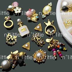 14 Pcs 3D Nail Art Gold Flower Ring Decoration Alloy pearl Jewelry Rhinestone