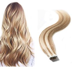 Tape In Hair Extensions 100% Remy Human Hair Highlight Highlighted Double Side Tape Seamless Skin Weft Natural Hair Extensions 20PCS Long Straight 12 613 Light