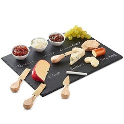 VonShef 9 Piece Slate Cheese Board Server Plate Tray And Dipping Set With Brushed Gold 4 Piece Stainless Steel Cheese Knife Serving Utensil Set