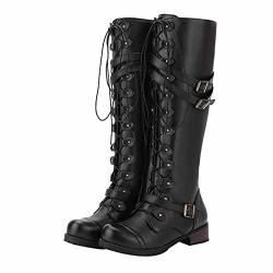 Sunmoot Combat Boots Faux Leather Knee High Boots Women's Cowboy Boots Gothic Punk Lace Up Square Heel Boots