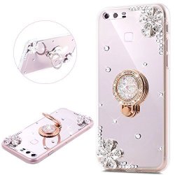 Phezen Huawei P9 Plus Case Luxury Shiny Bling Glitter Rhinestone Silver Mirror Makeup Case With Ring Holder Stand Diamond Crystal Flower Protective Tpu Case