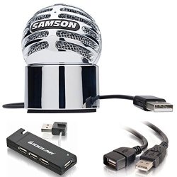 Samson Meteorite USB Condenser Microphone With Magnetic Desktop Base + USB 2.0 A Male To A Female Extension Cable + Iogear 4-PORT USB 2.0 Hub
