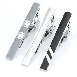3PC Mens Tie Bar Clip 2.1 Inch Silver-tone Black Gray