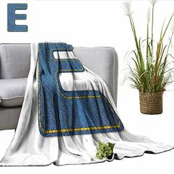 Smllmoondecor Letter E Digital Printing Blanket Denim Blue Jeans Themed Symbol E From Alphabet Abc Of Fabric Uppercase Letter MINI Couch Blue Yellow W60 XL80