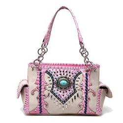Western Handbag - Turquoise Round Stone Concho With Studded Bars - Concealed Carry Shoulder Bag